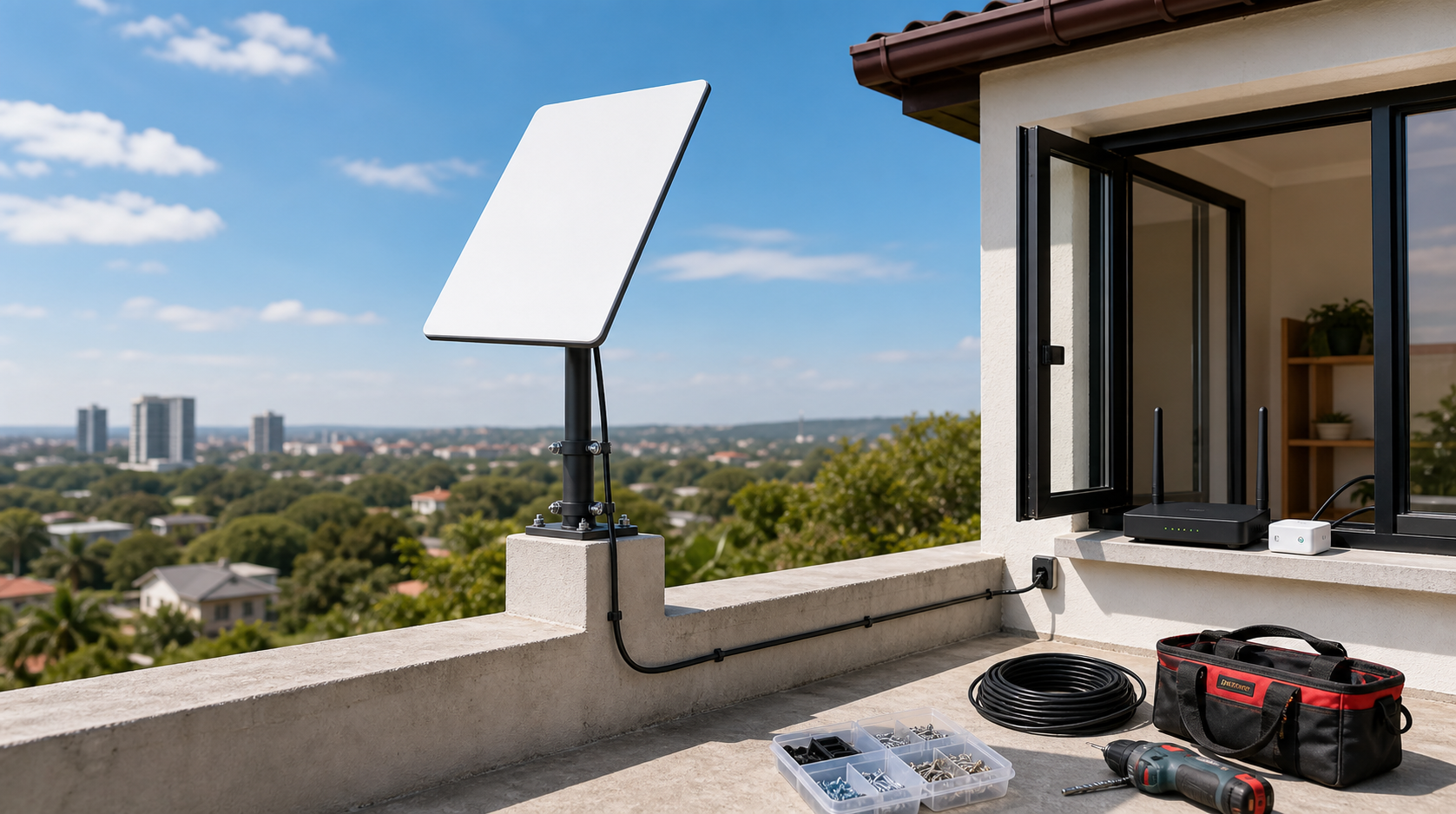 Amazon Leo Internet kit installation planning in Kenya with rectangular satellite terminal on a rooftop