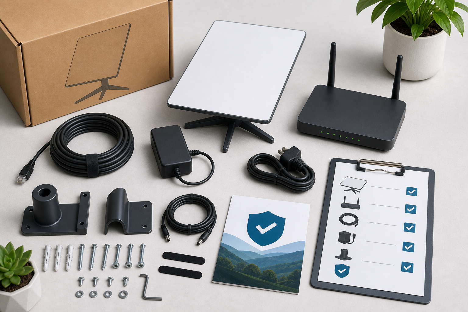 Amazon Leo Internet kit buyer checklist in Kenya with rectangular satellite terminal and accessories