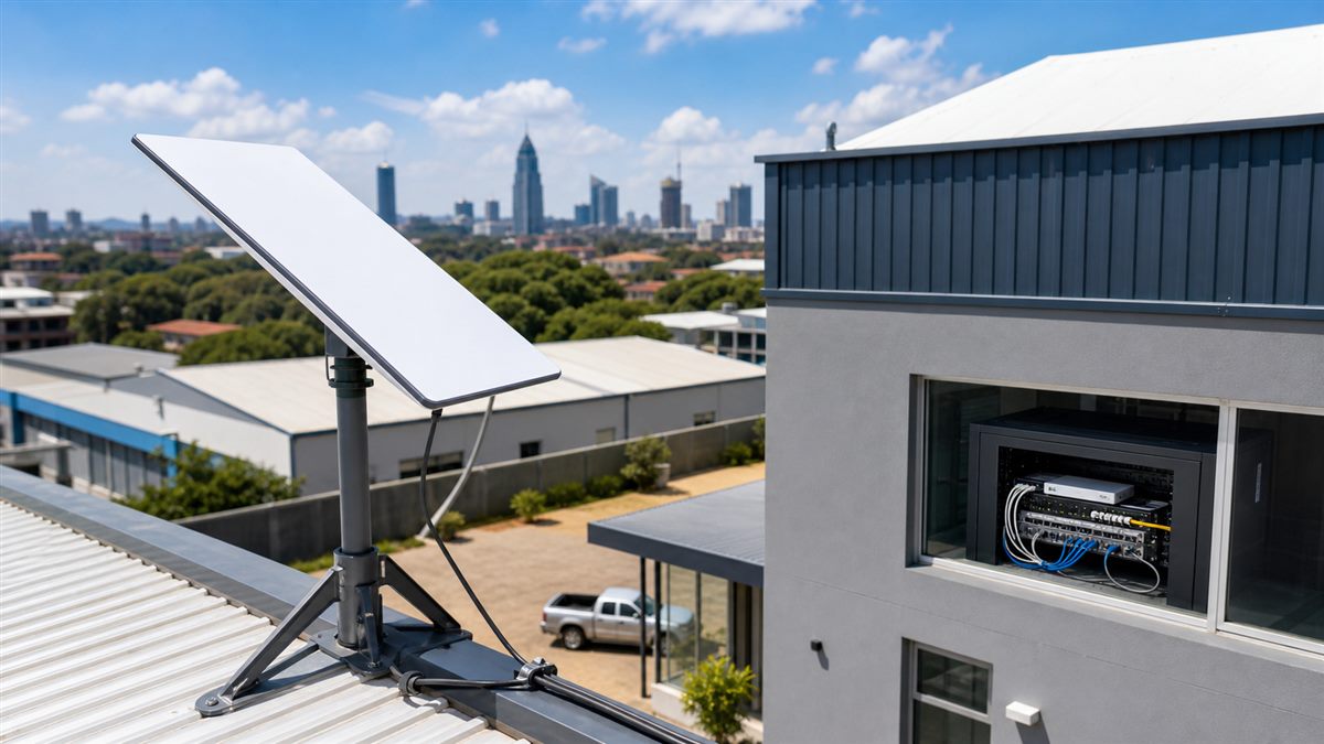Rectangular Starlink dish installed for a Kenyan business network