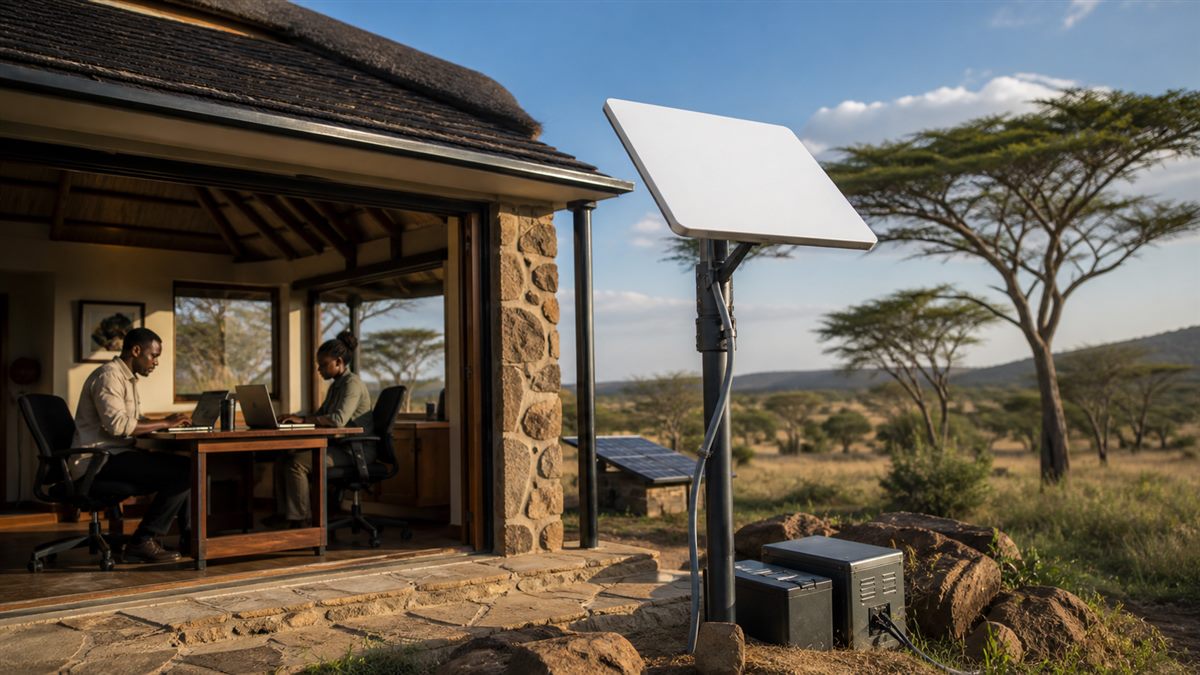 Rectangular Starlink dish serving a remote Kenyan business site