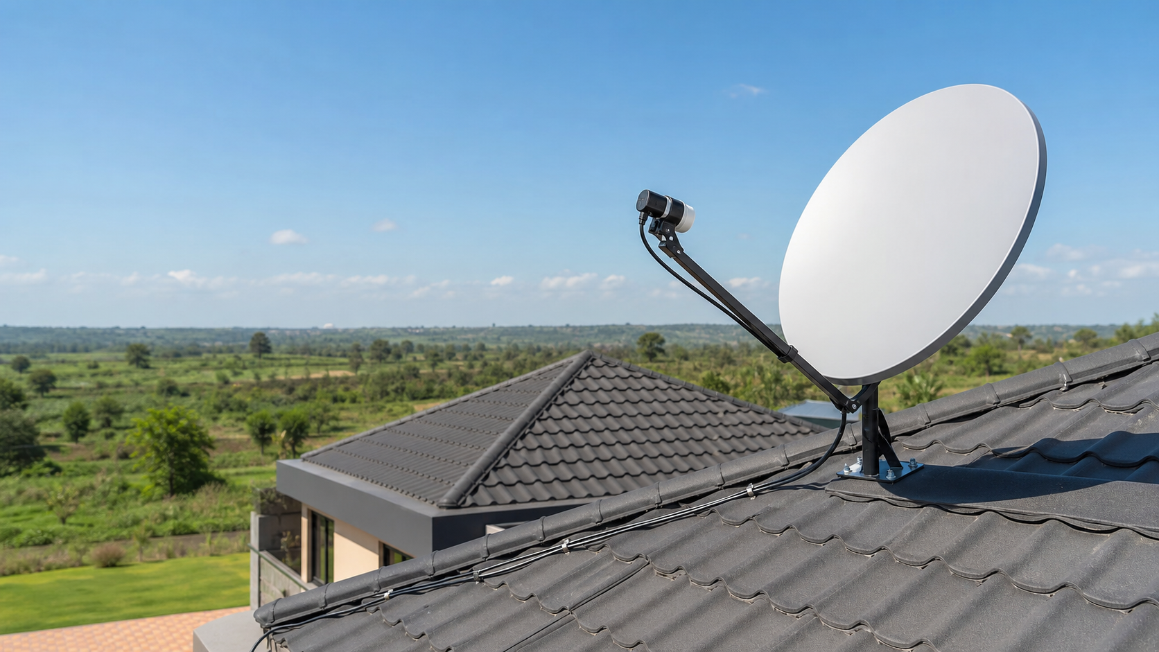 Satellite internet antenna installed on a Kenyan home roof