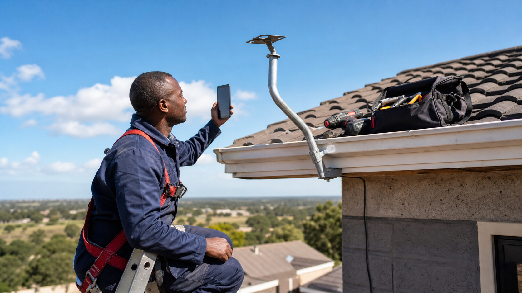 Technician checking satellite internet installation site in Kenya