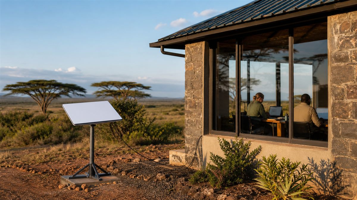 Rectangular Starlink dish serving a remote Kenyan business site