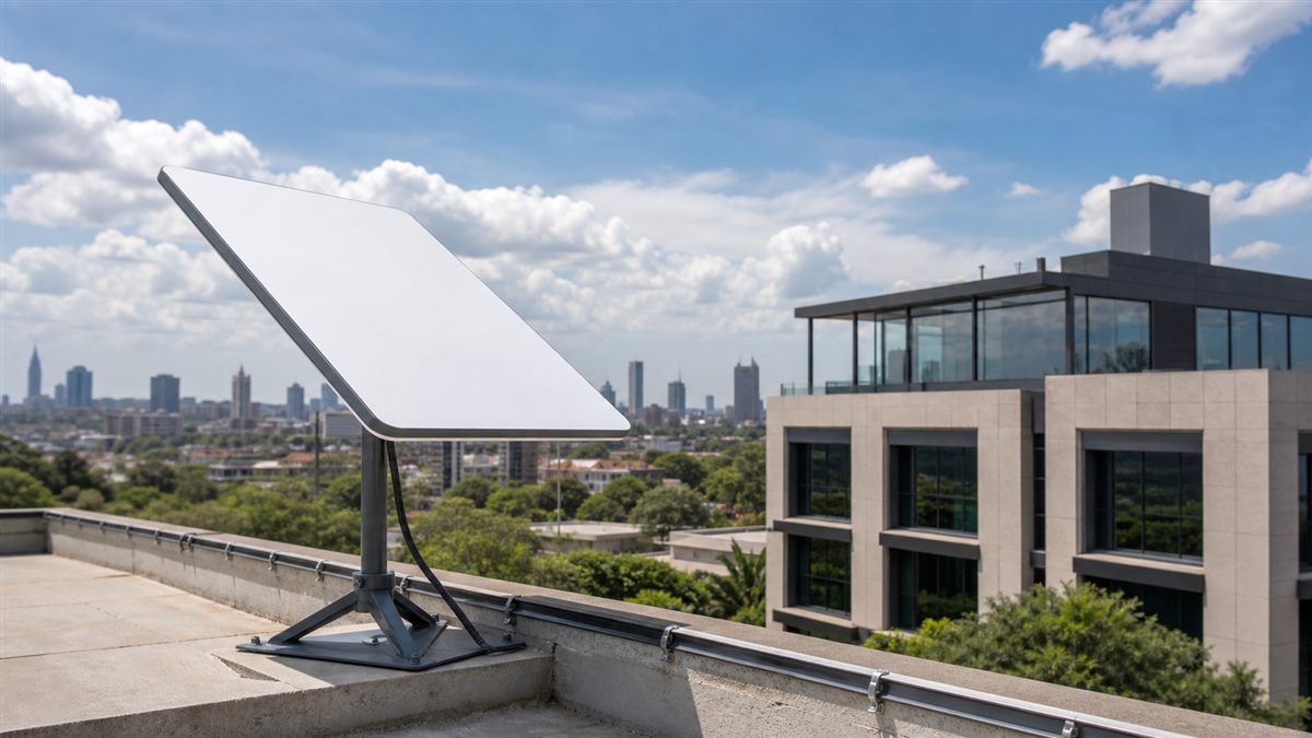 Rectangular Starlink dish installed on a Kenyan business rooftop